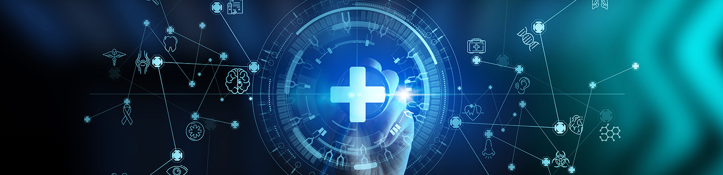 Healthcare icons and hand on stethoscope