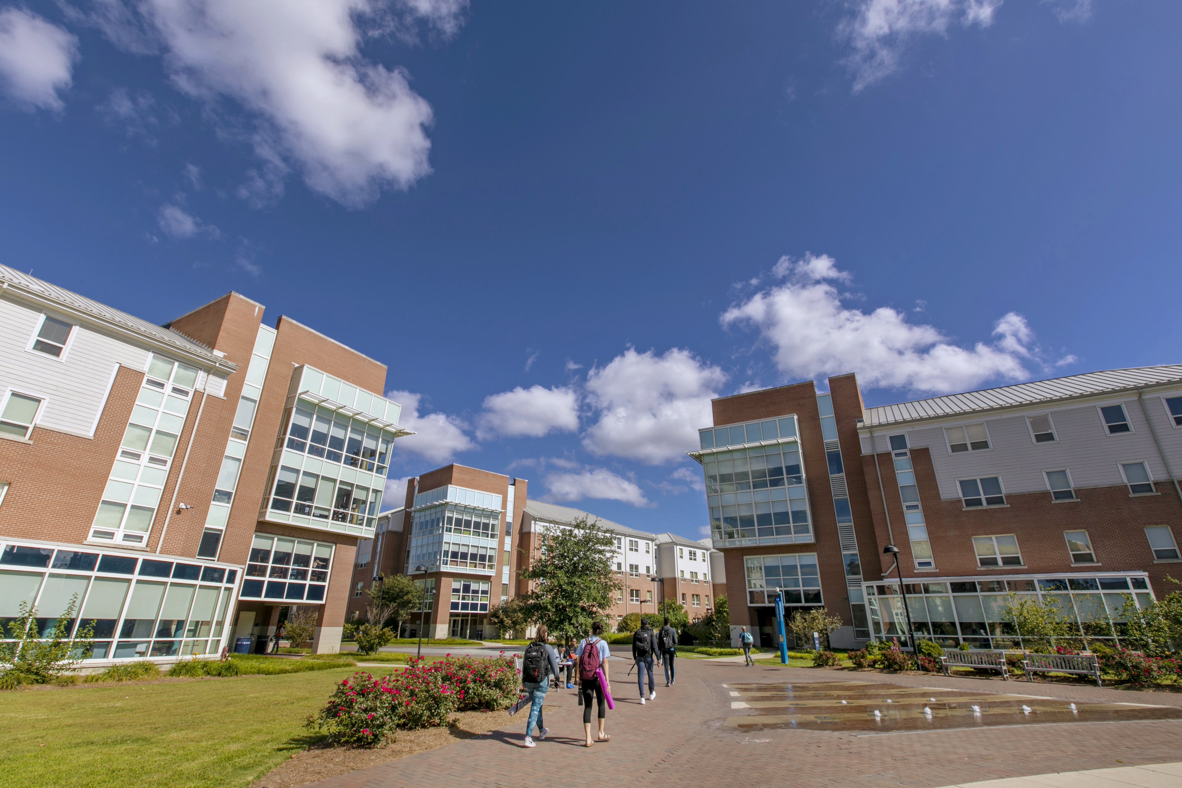 Students walking in quad.