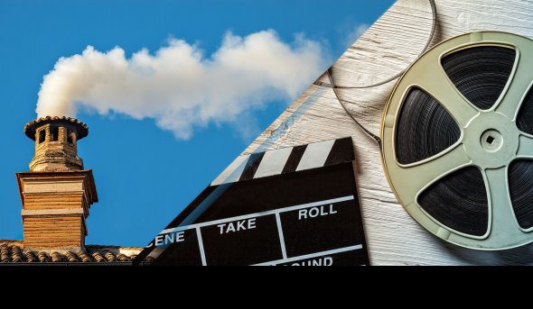 A chimney with white smoke and an image of a movie film reel.